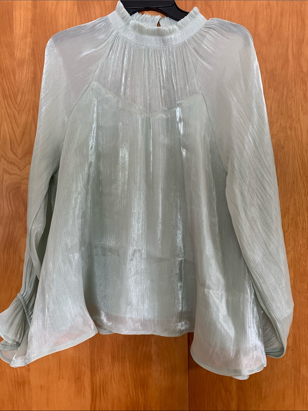 Glam Sheer Satin High-Neck Victorian Blouse Light Mint Romantic Feminine sz L